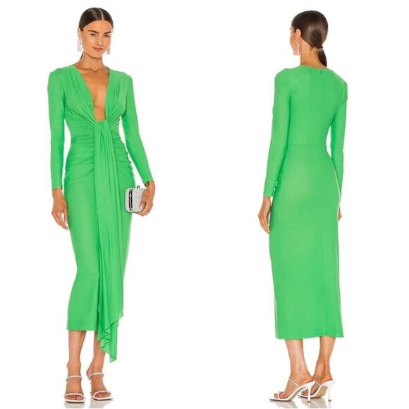 Solace London Lorena Draped Front Deep V Bright Green Midi Dress Size 6 - Picture 1 of 8
